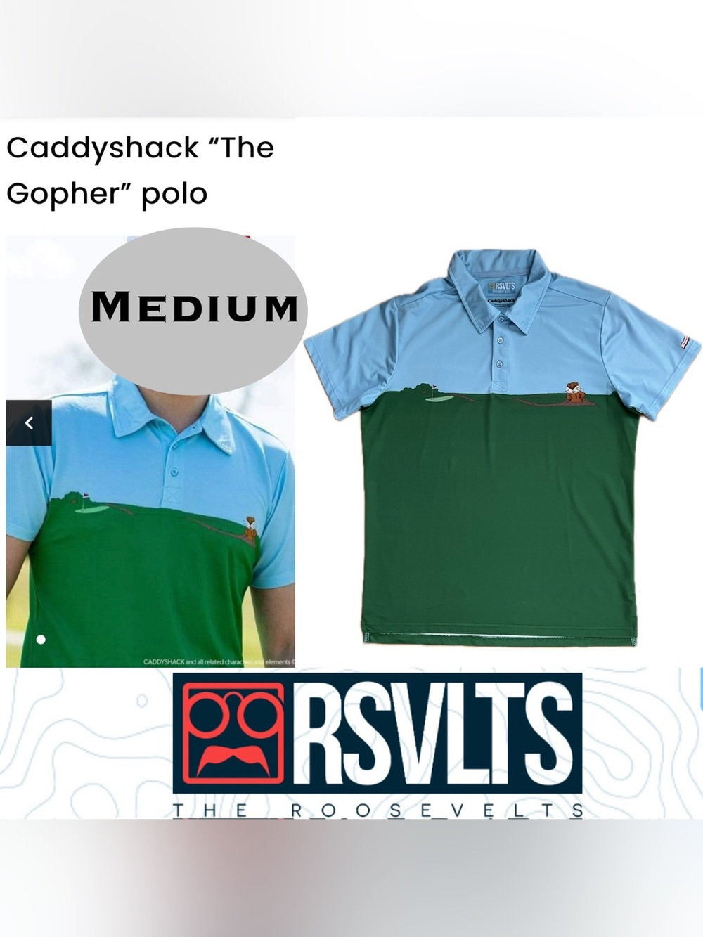 ⛳️Caddyshack Graphic RSVLTS Blue & Green Golf Polo | Dangerfield | Gopher Shirt